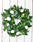 26" Faux White Camellia with Foliage Wreath