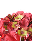 Artificial red hydrangea head stem showing green color running through the bloom