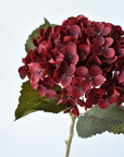 20.5-inch faux burgundy hydrangea head stem with gray green leaves, full stem view