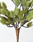 Close-up of green faux pinecones clustered along a wired branch
