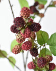 42-inch faux raspberry branch stem with green leaves, full branch view