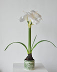 Faux white amaryllis in a green porcelain pot, 20 inches tall