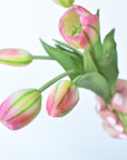 10" Faux Real Touch Pink/Yellow w/Green Stripe Tulip Stem Bundle