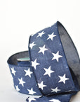 2.5" x 10yd Blue Faux Linen Ribbon w/ White Stars