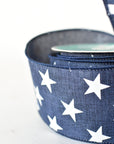 2.5" x 10yd Blue Faux Linen Ribbon w/ White Stars