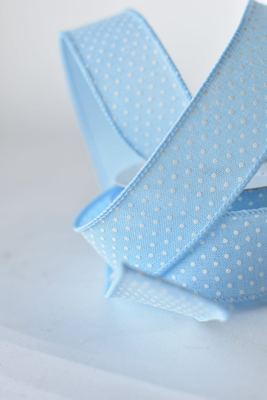 1 1/2" x 10yd Light Blue Faux Linen with Swiss Dots Wired Ribbon