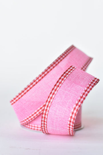 1 1/2" x 10yd Pink Faux Linen with Check Border