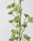 Close-up of faux green sedum plant branches on a light gray background