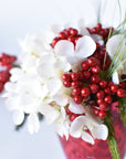White Hydrangea + Greens in Red Glass Container