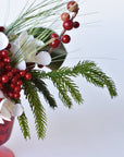 White Hydrangea + Greens in Red Glass Container