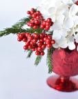 White Hydrangea + Greens in Red Glass Container