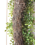 thin grapevine backside on faux Variegated boxwood oval wreath on white board background