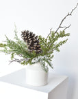 13" Iced Pinecone and Pine in White Ceramic Vase