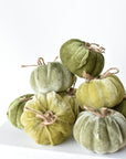 Set of 9 mini green velvet pumpkins with twig stems and twine bows