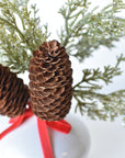 11" Faux Iced + Glittered Cypress Stems w/Pinecones in Container with Red Velvet Bow