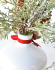 11" Faux Iced + Glittered Cypress Stems w/Pinecones in Container with Red Velvet Bow
