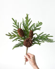 18 inch faux pine and cedar bush with three real pine cones