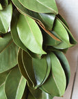 Faux magnolia leaf wreath at an angle showing depth and layered Real Touch leaves