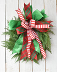 Red Green Plaid Bow with White/Red Stripe