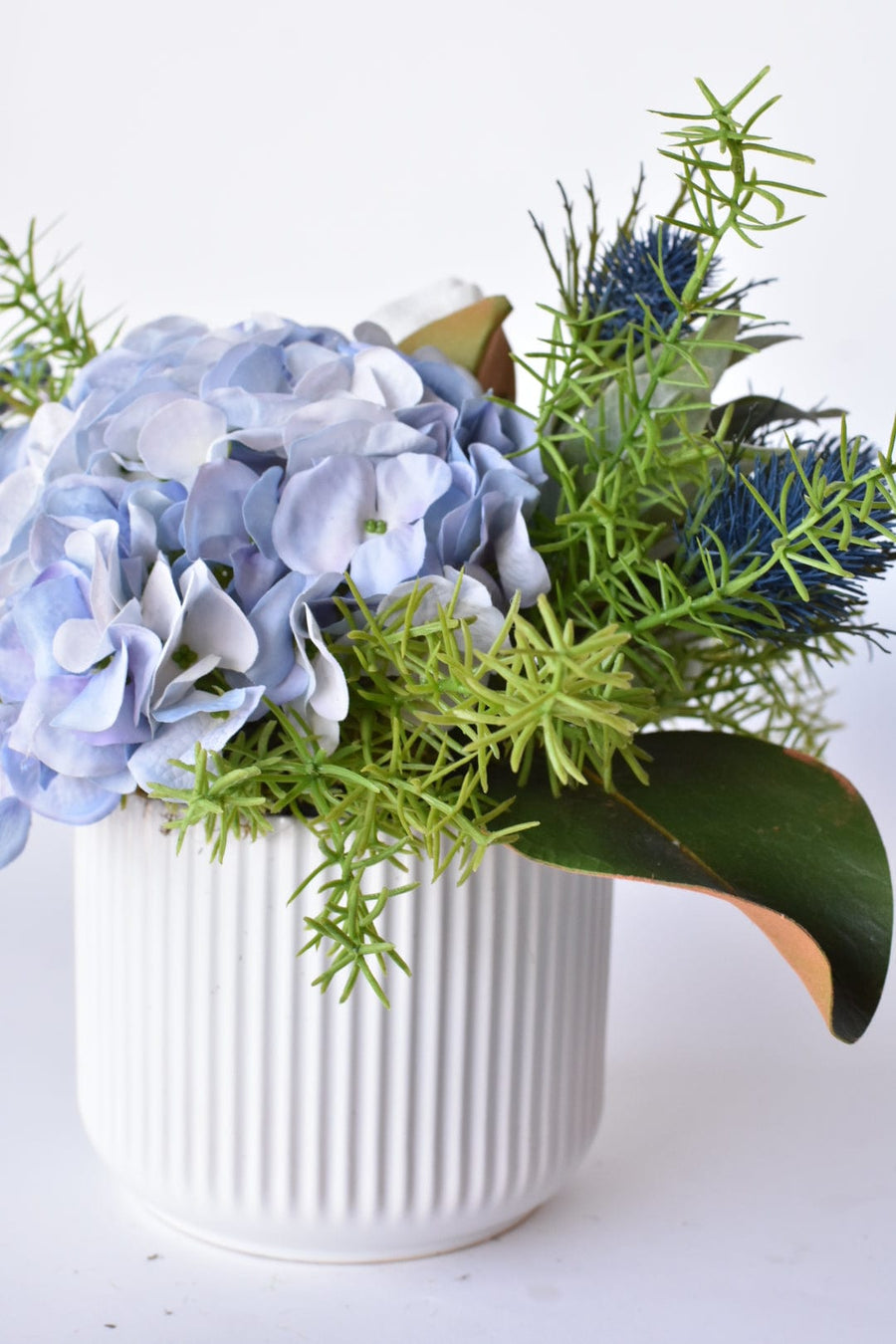 White + Blue Thistle and Hydrangea Arrangement