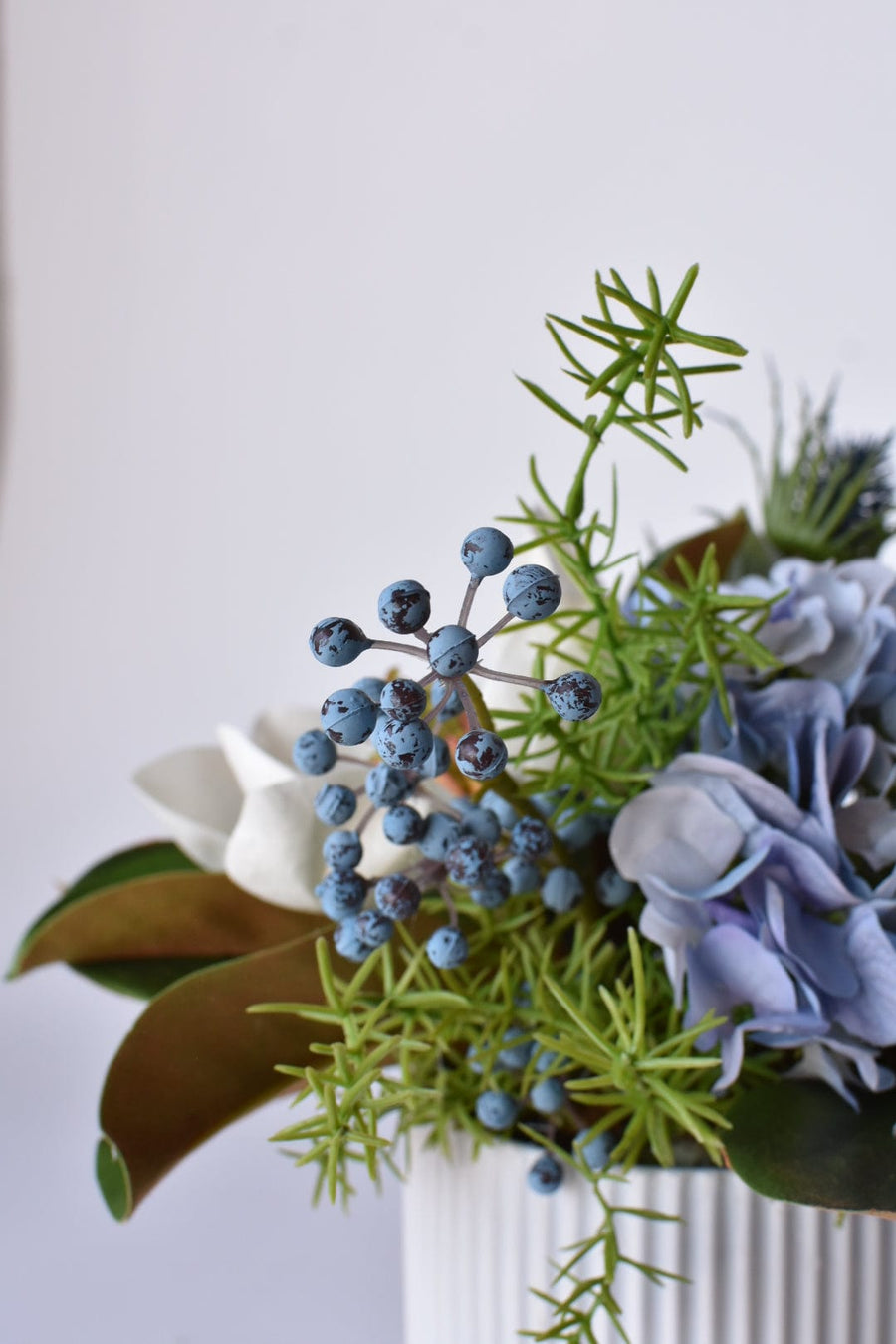 White + Blue Thistle and Hydrangea Arrangement