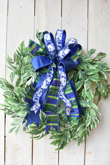 24" Blue/Green Plaid Variegated Greenery Wreath