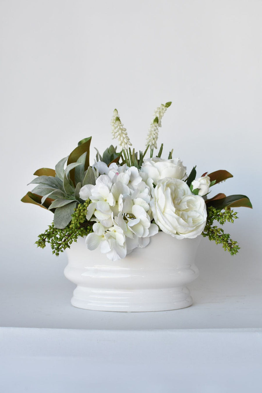 White Hydrangea + Cabbage Rose + Muscari Arrangement