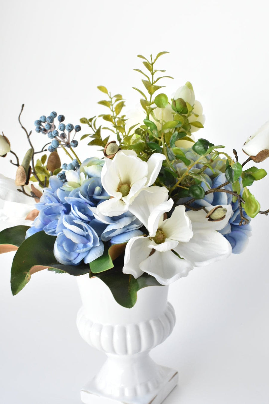 Blue Hydrangea and White Magnolia Drop-In Bouquet Arrangement