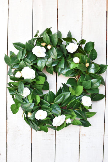 26" Faux White Camellia with Foliage Wreath