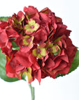 Close-up of a 7-inch red faux hydrangea head showing individual florets