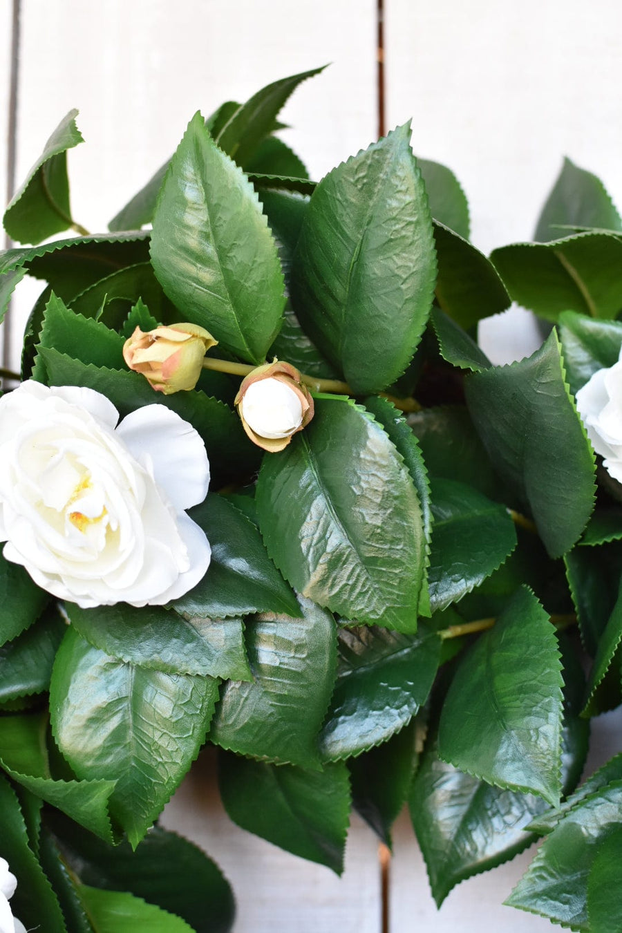 26" Faux White Camellia with Foliage Wreath