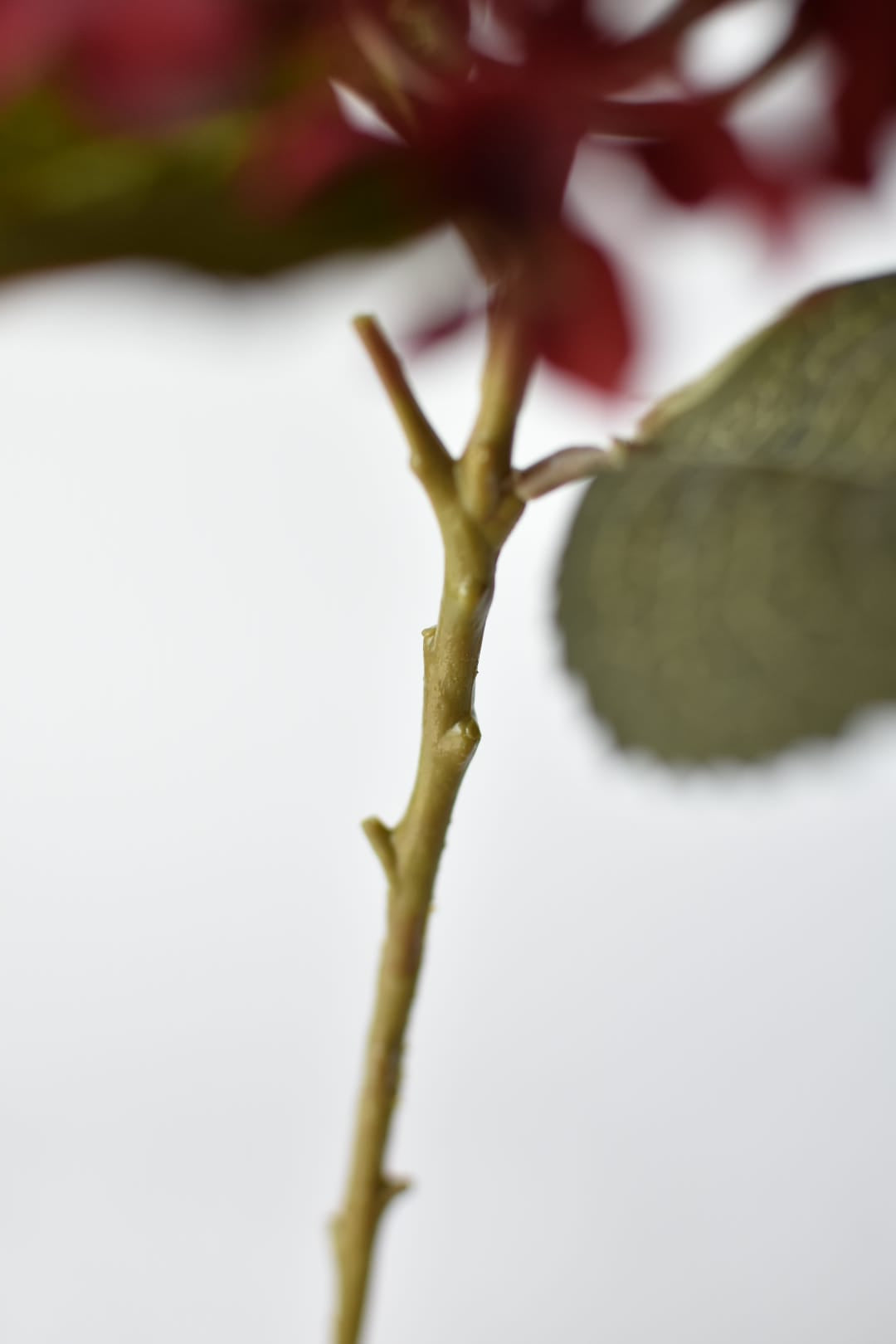 Artificial burgundy hydrangea stem at an angle with three muted gray green leaves
