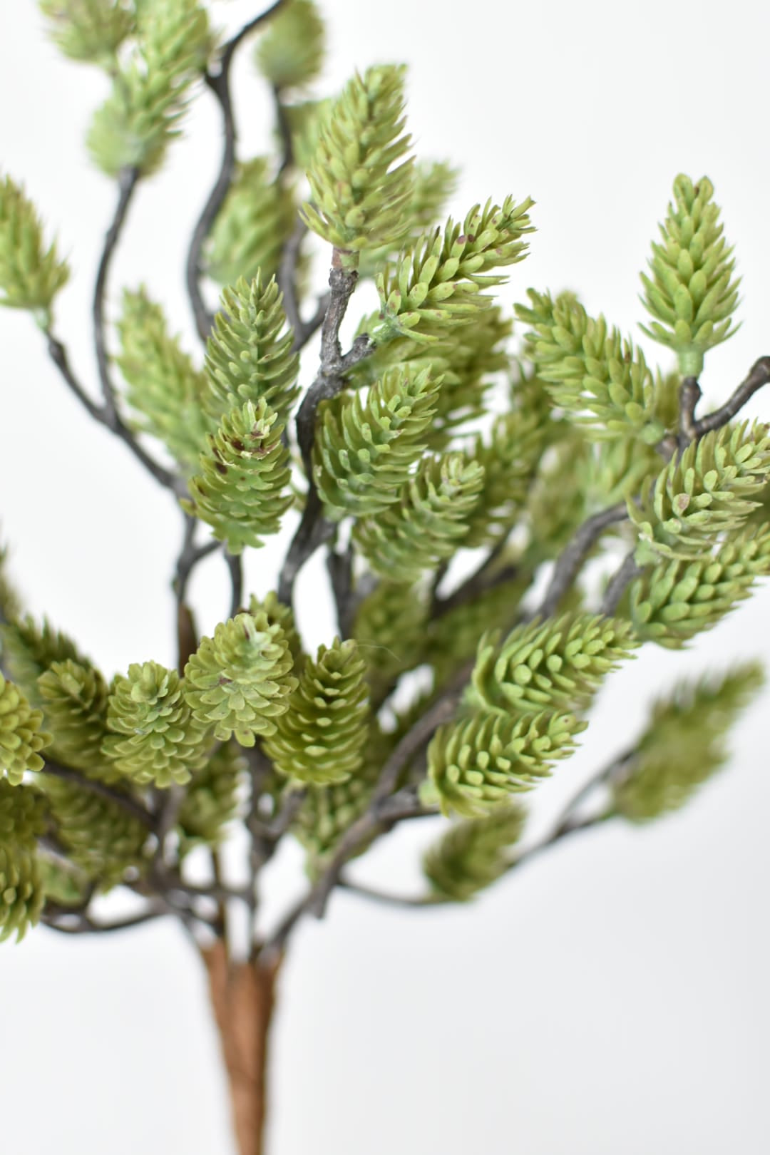 Faux green pinecone bush showing the bare stem base that drops into a pot