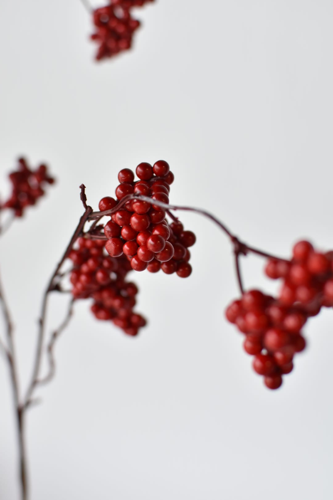 Artificial red berry spray showing clusters spread loose along the wired stem