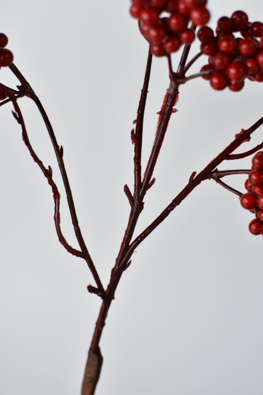 Weather proof faux red berry spray from the side showing its airy shape