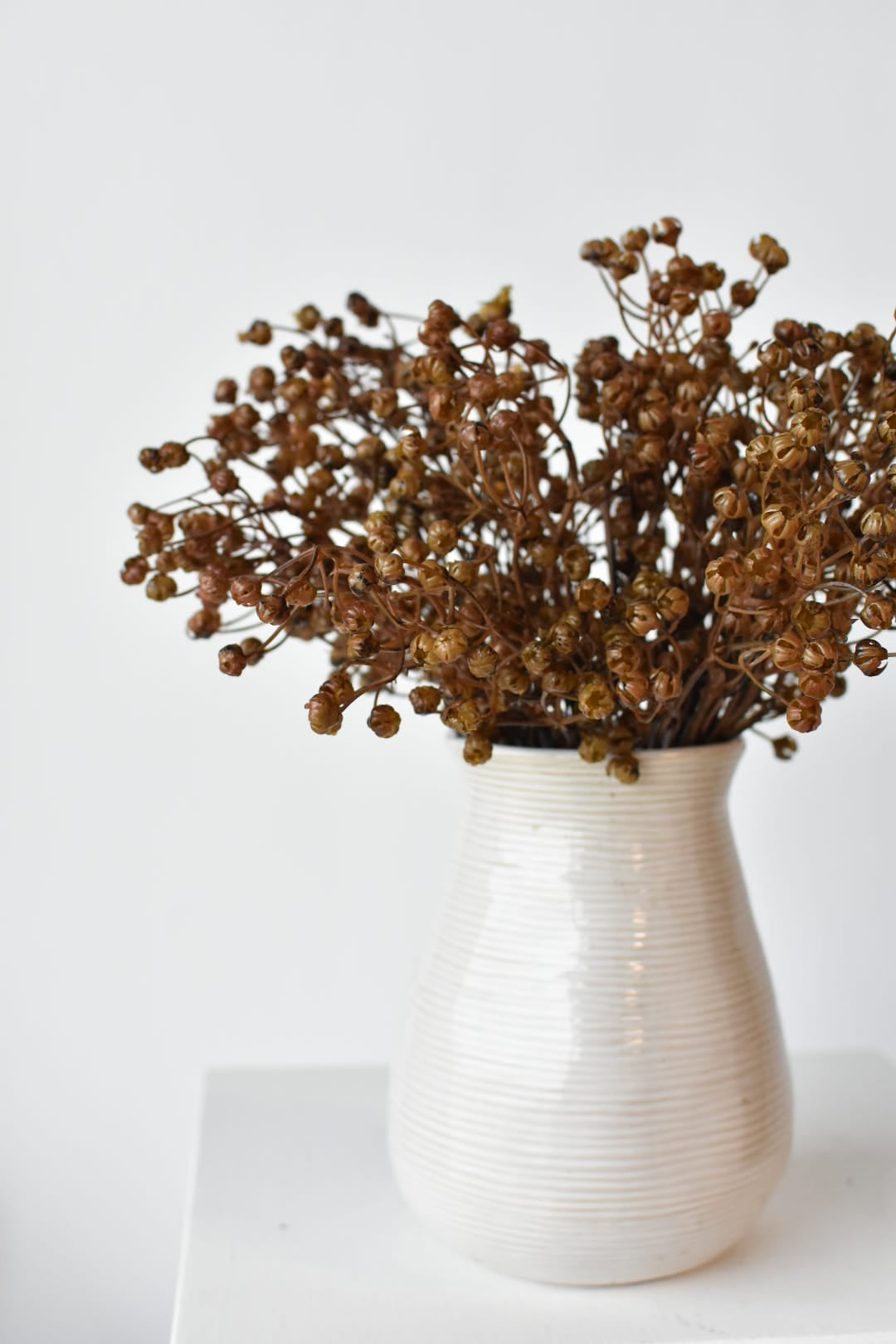 Three faux dried brown gypsophila stems arranged in a container