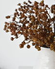 Three faux dried brown baby's breath bundles massed in a white container