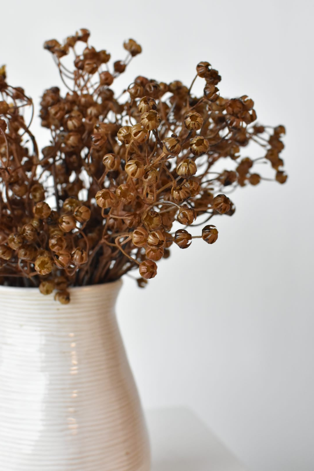 Faux dried gypsophila bundles in a white vessel showing depth of brown color