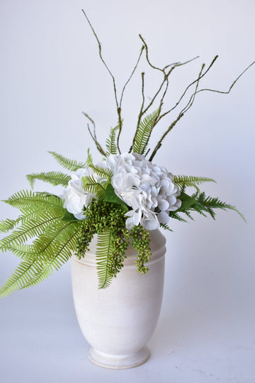 White Hydrangea, Fern, + Mossy Branches Drop-In Bouquet Arrangement (Copy)