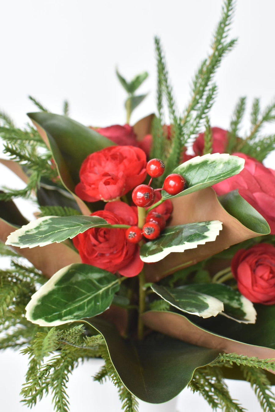 Red Ranunculus/Holly/Norfolk/Magnolia Pine Drop In X02