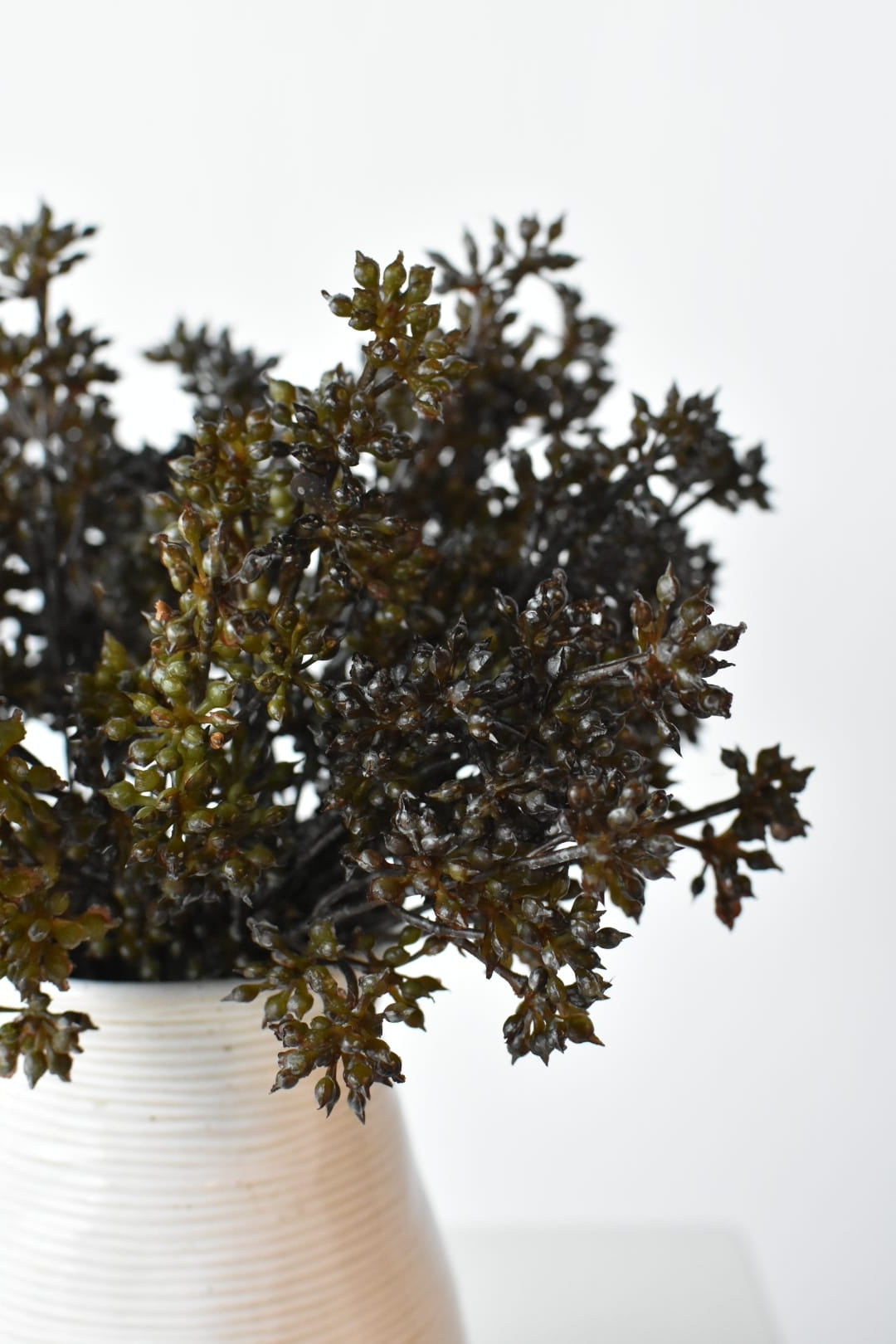 Multiple faux brown and green sedum bundles filling a small vessel