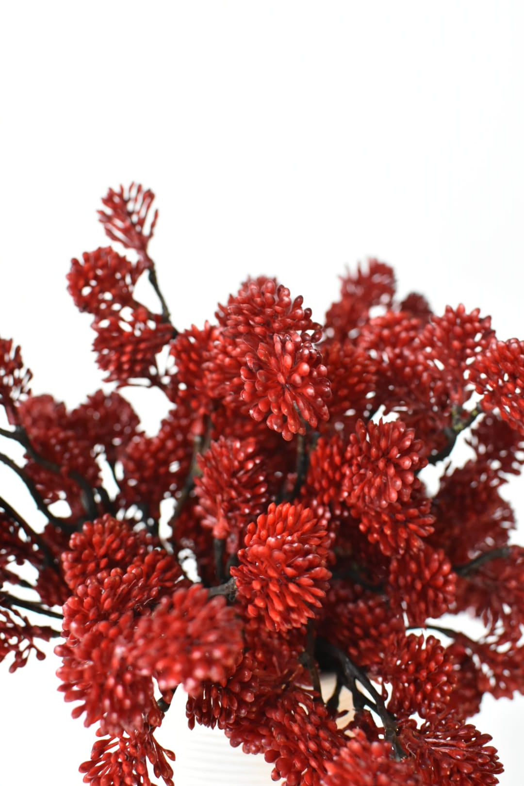 Close-up of dark red faux sedum berries mounded in a vessel