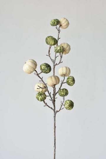 29" Faux White-Washed Pumkins On A Branch: Cream + Green