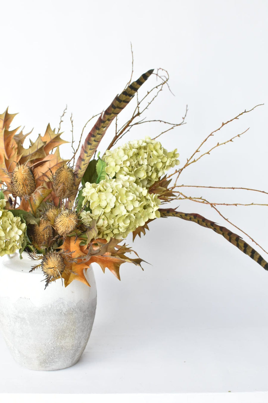 Green Cone Hydrangea with Brown Faux Feather - Curated Bundle