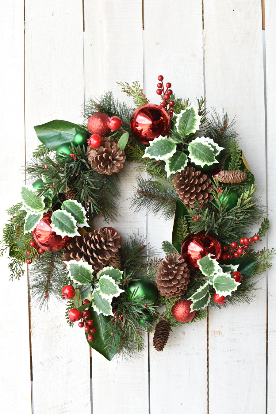 28" Faux Mixed Pine and Holly with Ornaments Wreath