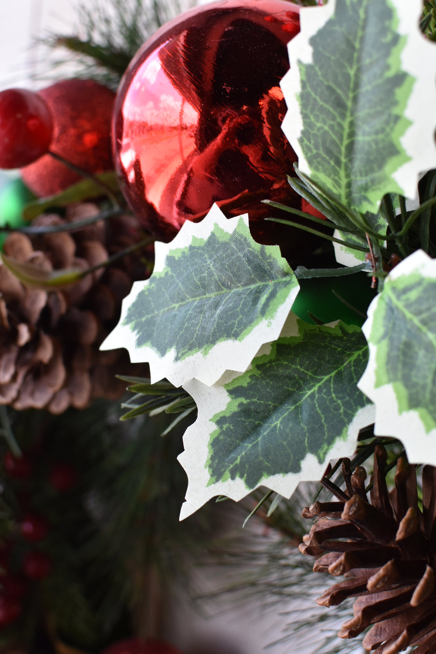 28" Faux Mixed Pine and Holly with Ornaments Wreath