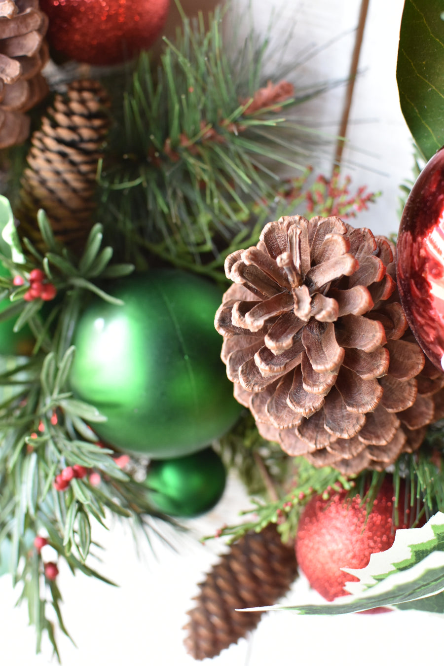 28" Faux Mixed Pine and Holly with Ornaments Wreath