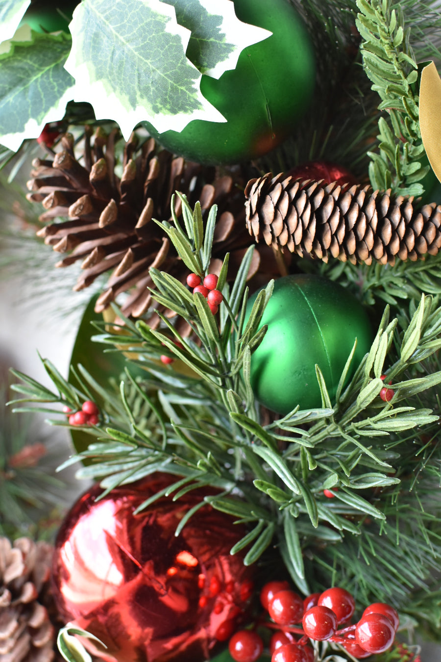 28" Faux Mixed Pine and Holly with Ornaments Wreath