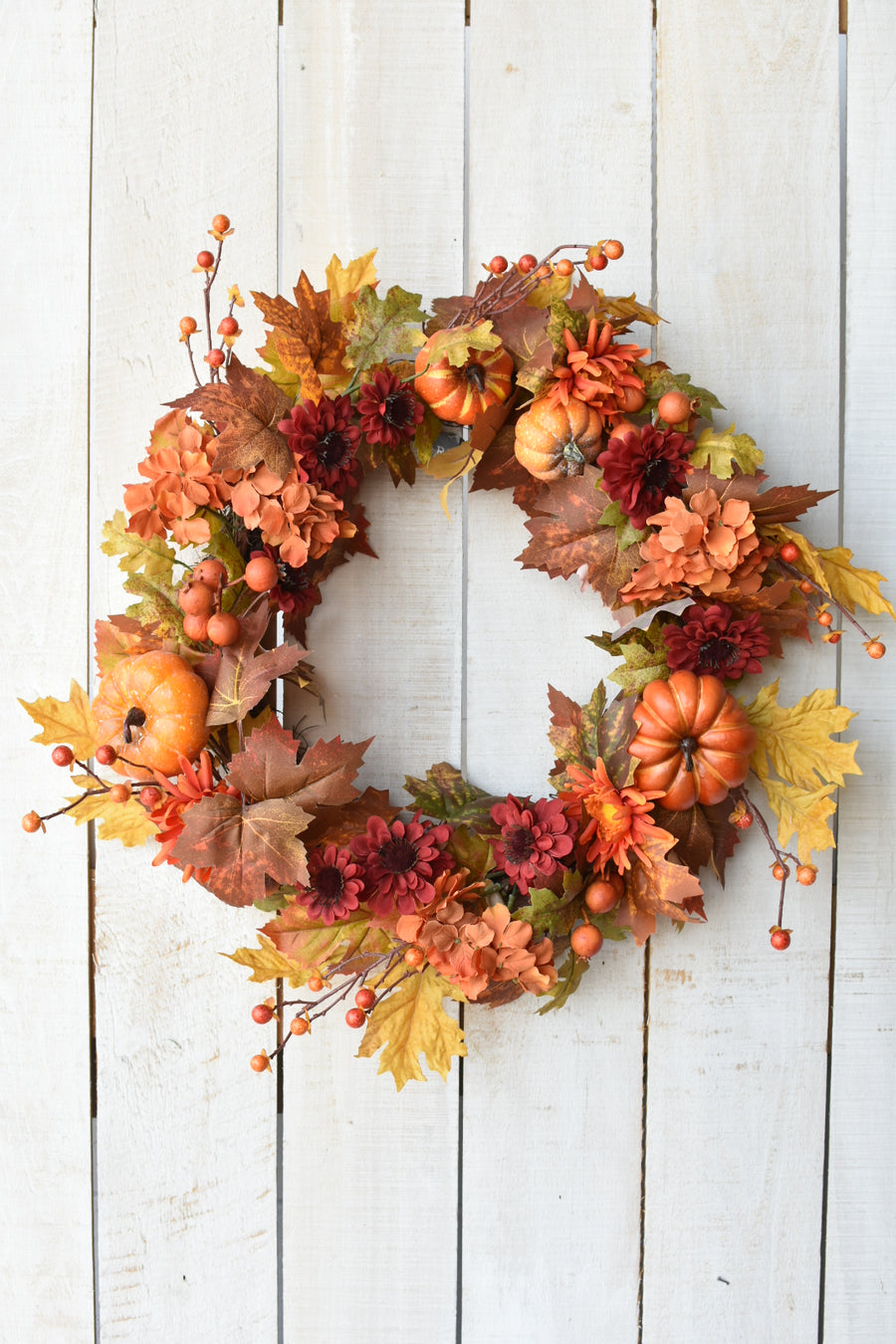 25" Faux Hydrangea + Pumpkin Fall Wreath