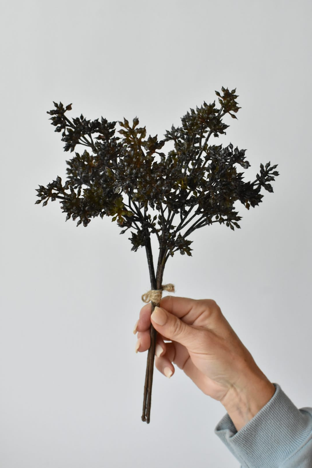 Hand holding a 12-inch faux dark brown and green sedum stem bundle